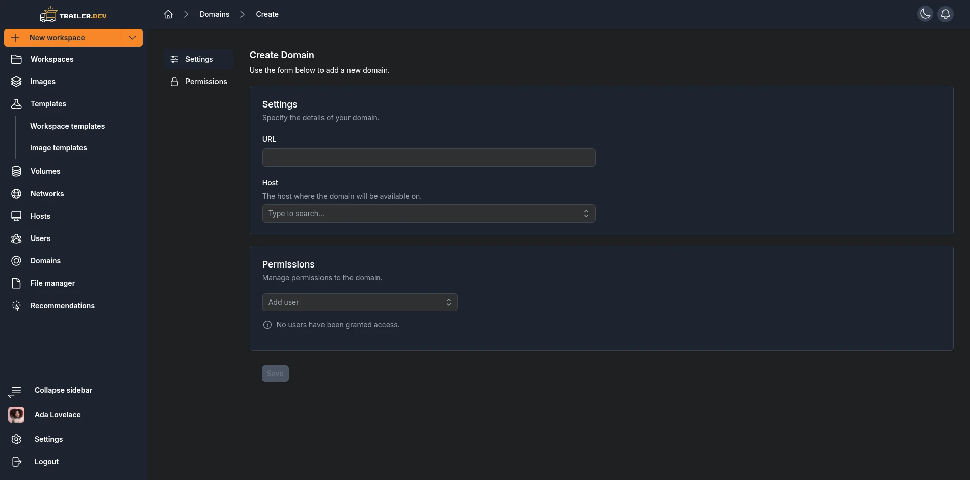 Create Domain form