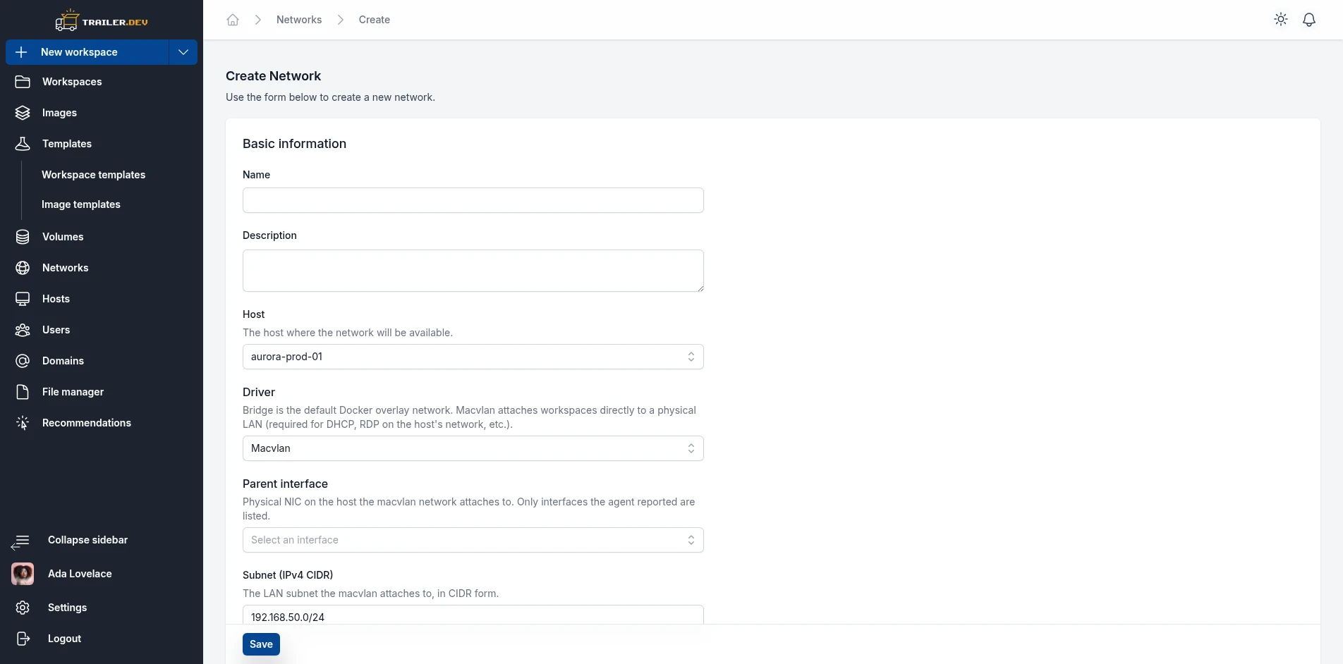 Create Network form
