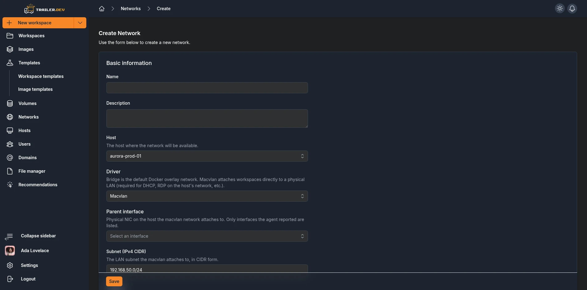 Create Network form