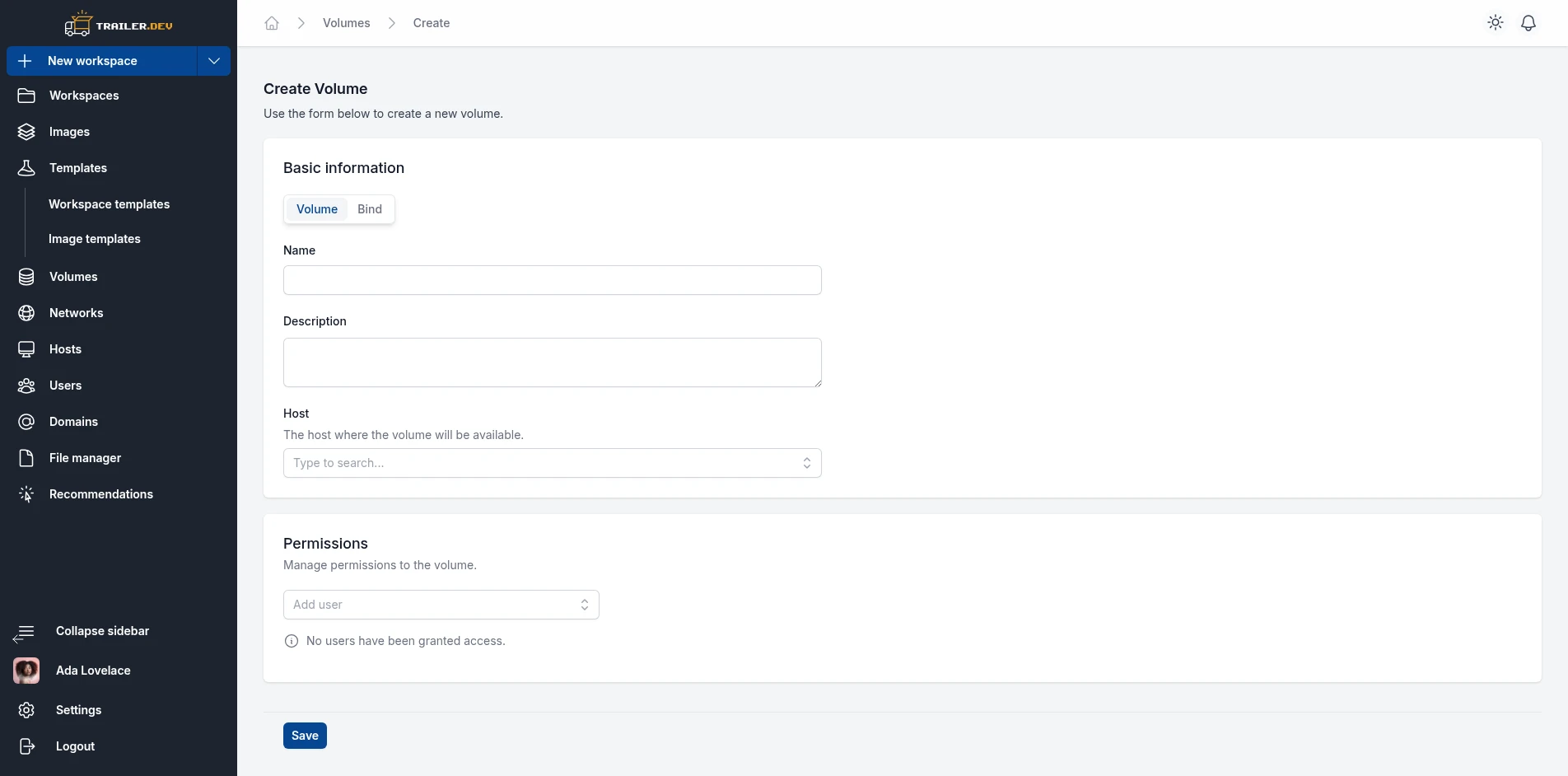 Create Volume form