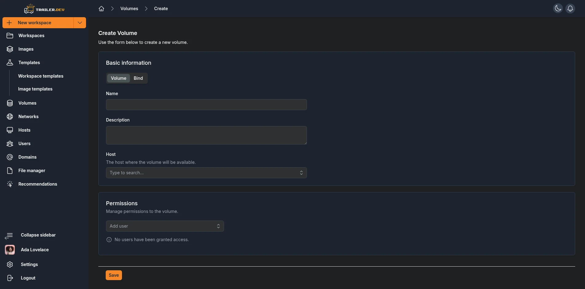 Create Volume form