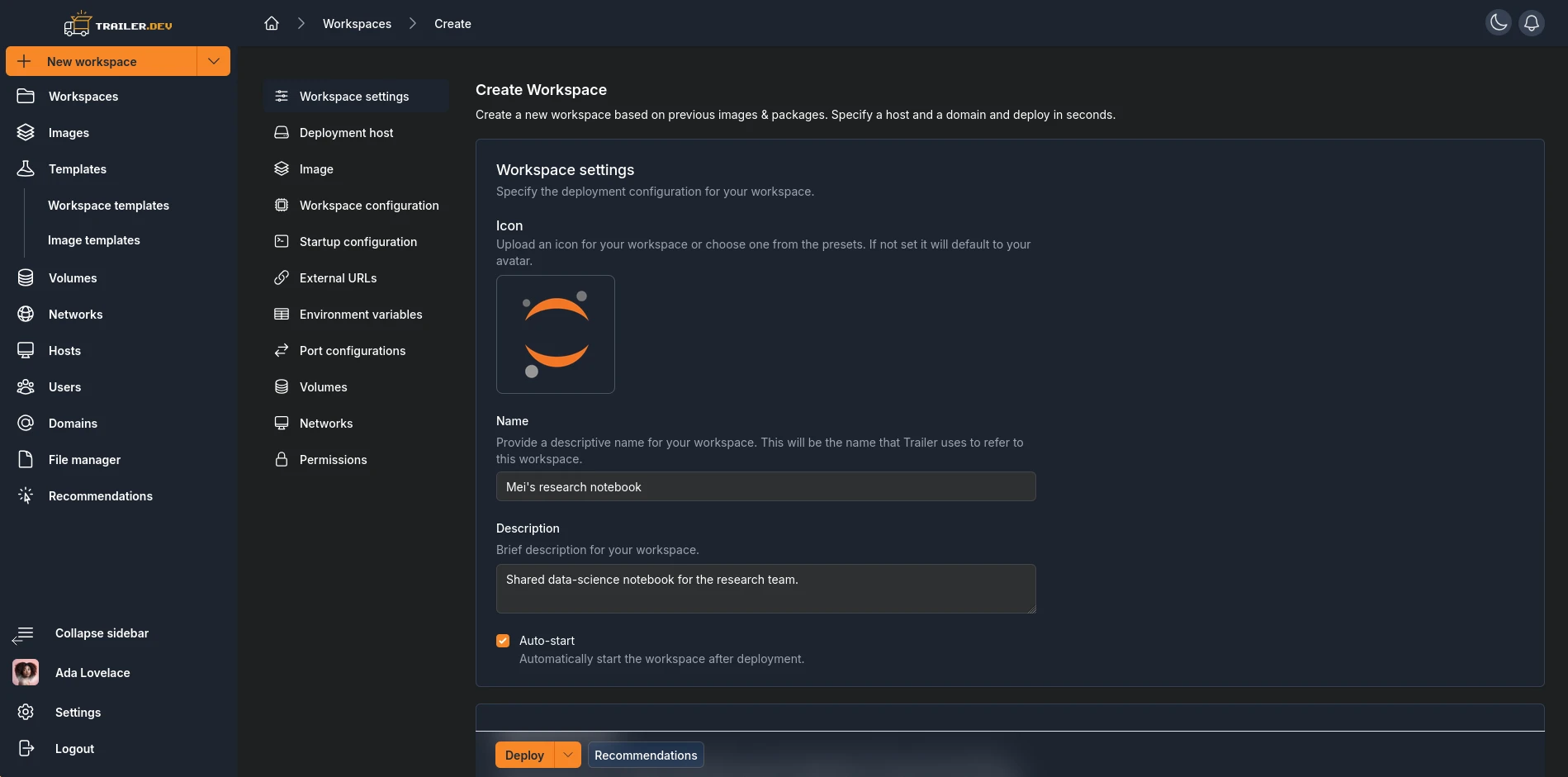 Create Workspace form