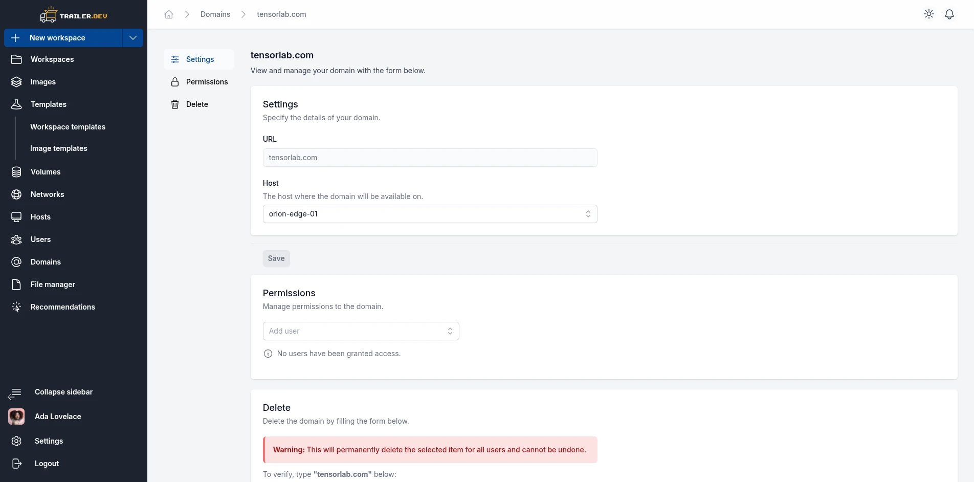 Domain Details page