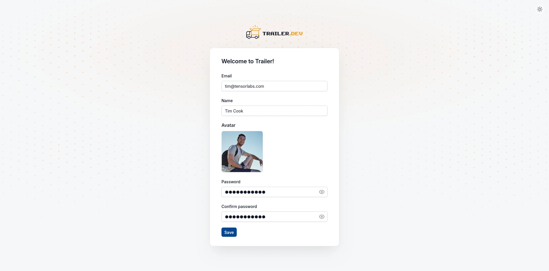 First user setup form