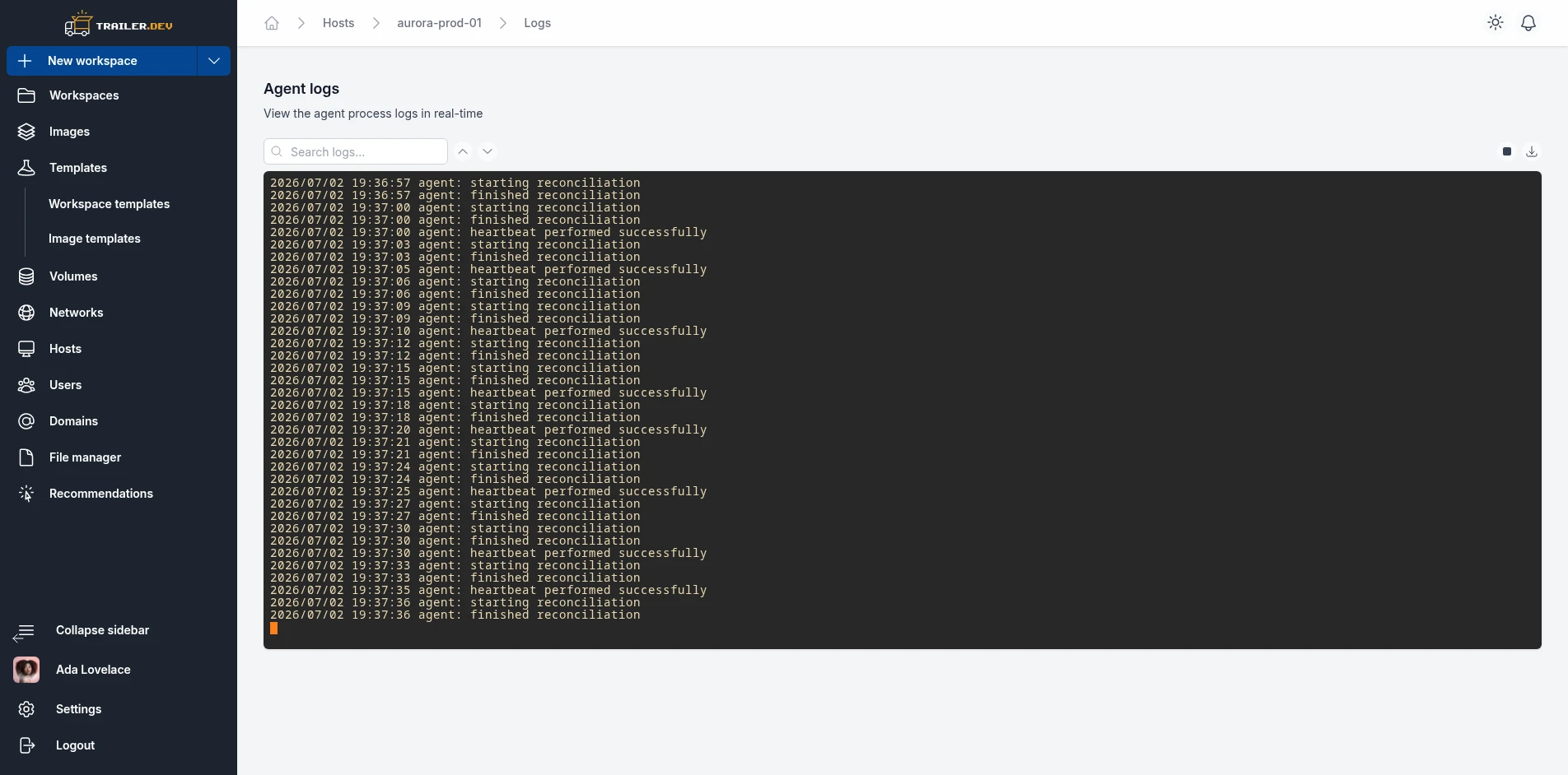 Host Logs terminal