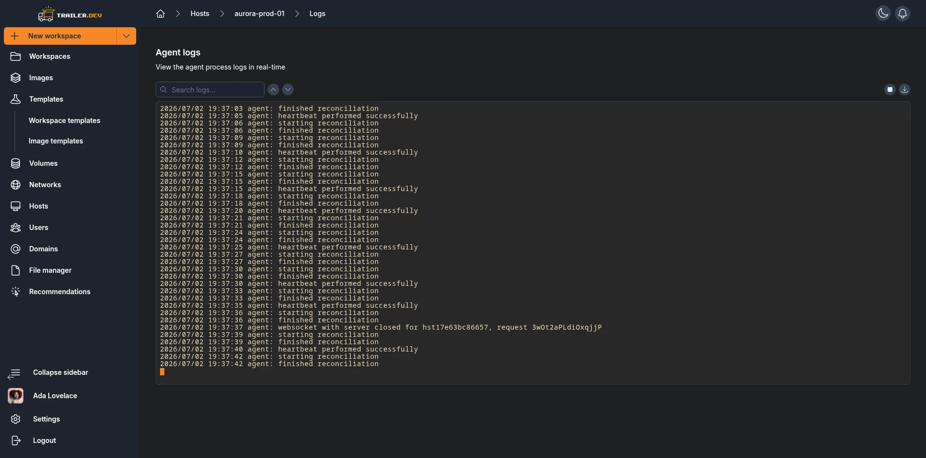 Host Logs terminal