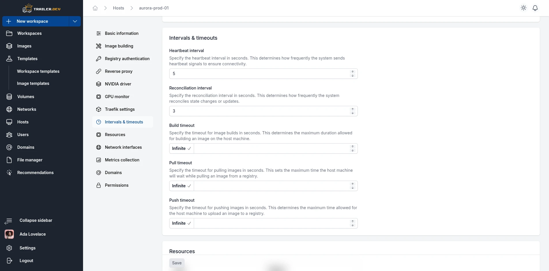 Host settings panel