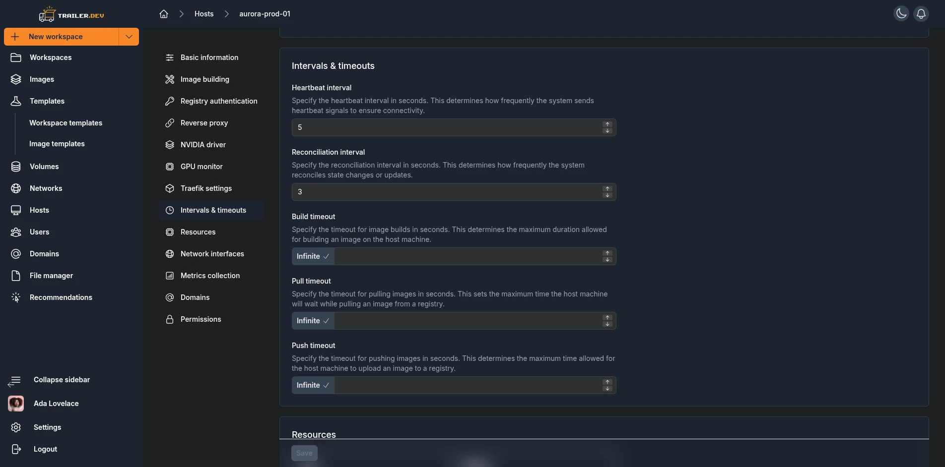 Host settings panel