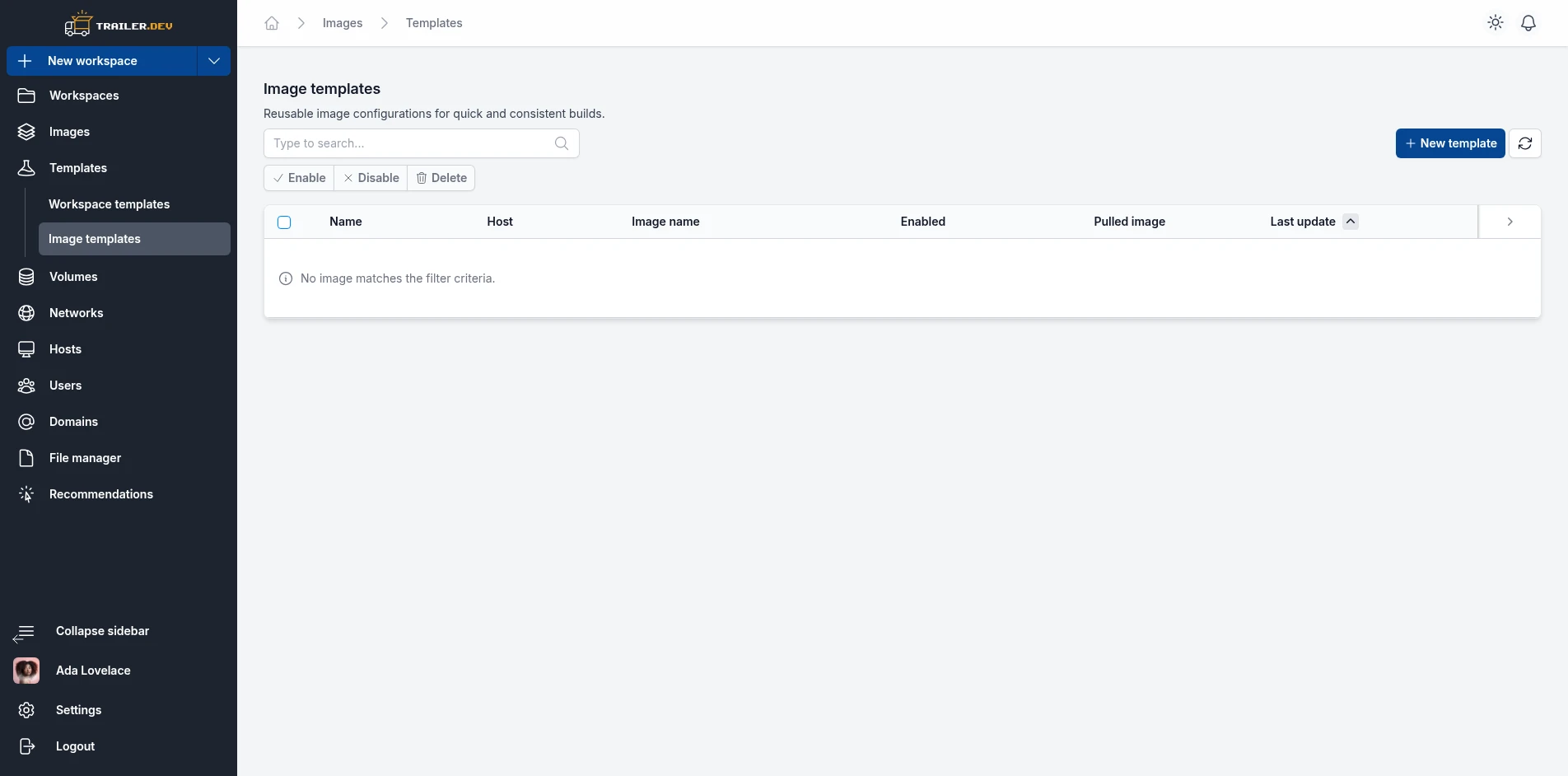Image Templates table