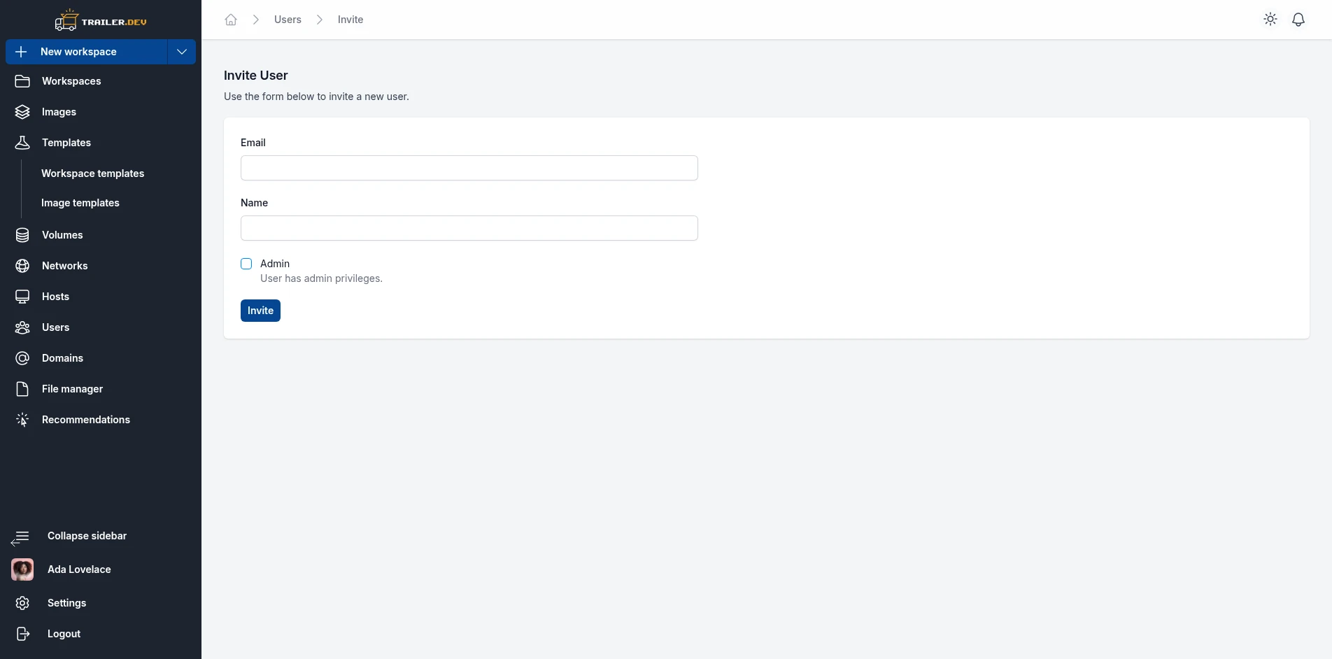 Invite User form