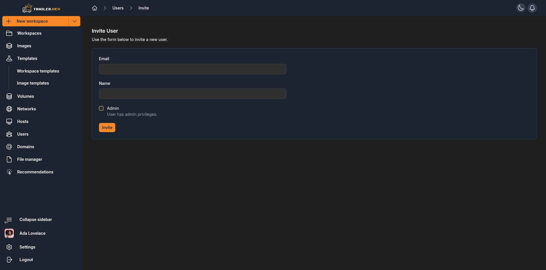 Invite User form
