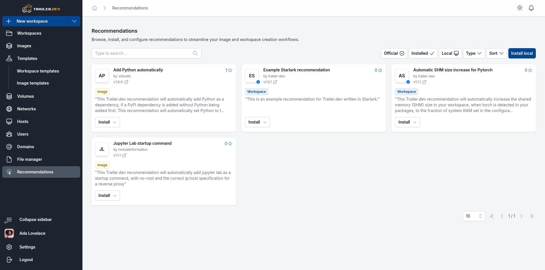 Recommendations catalog