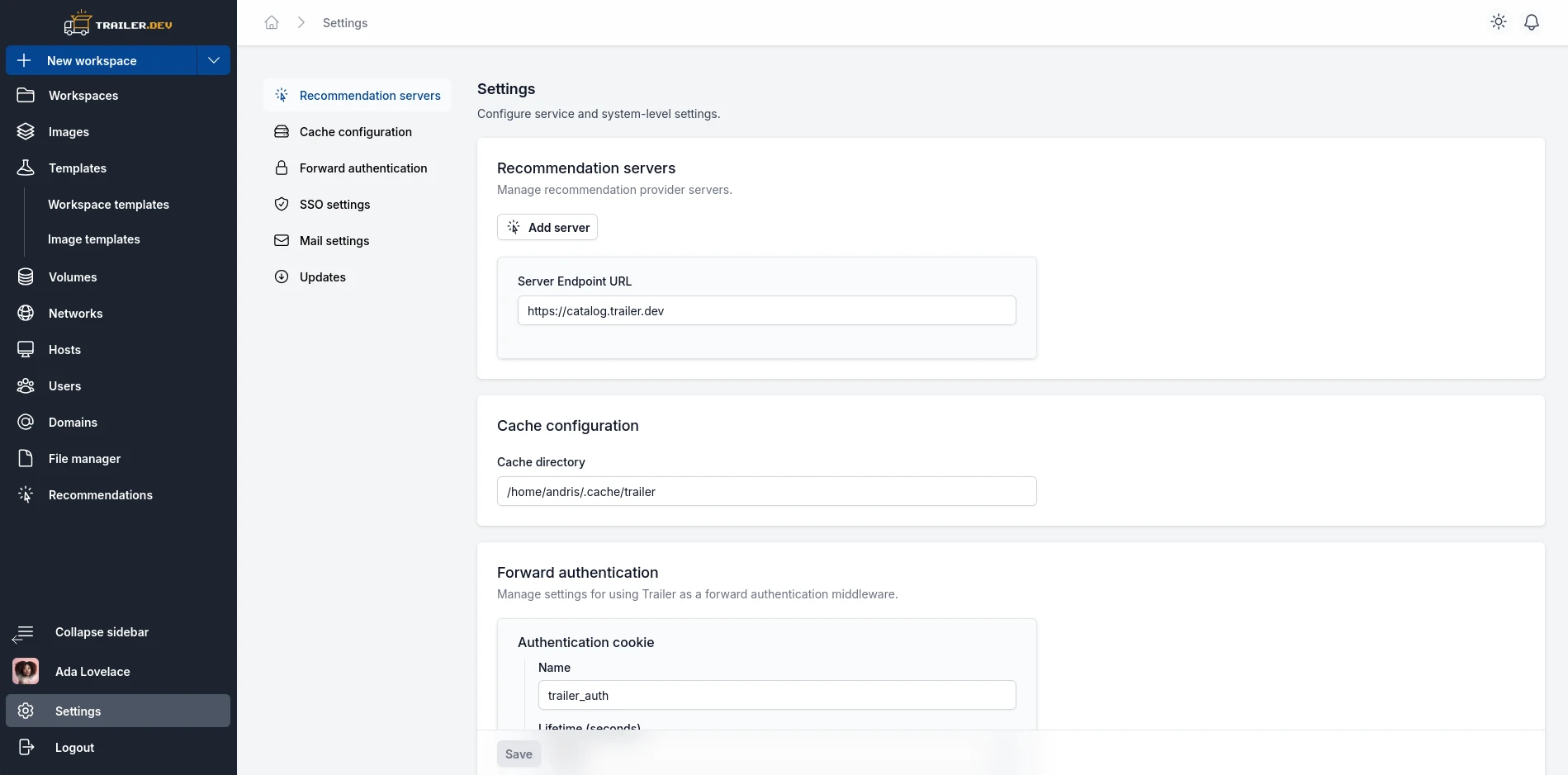 Settings page