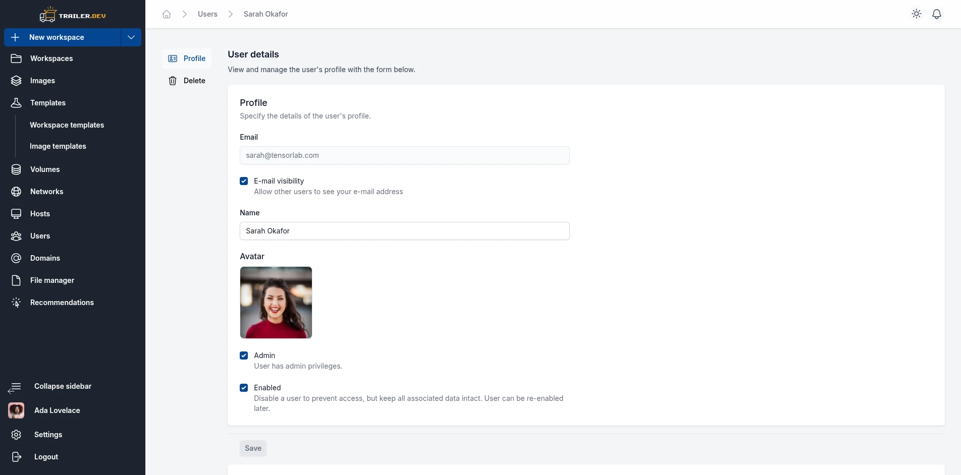 User detail page