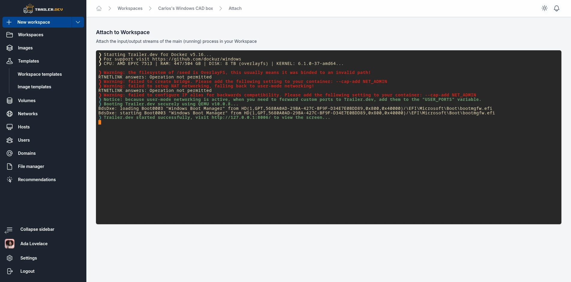 Workspace attach terminal