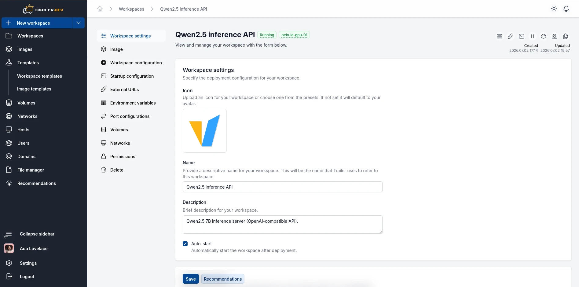 Workspace Details header and form