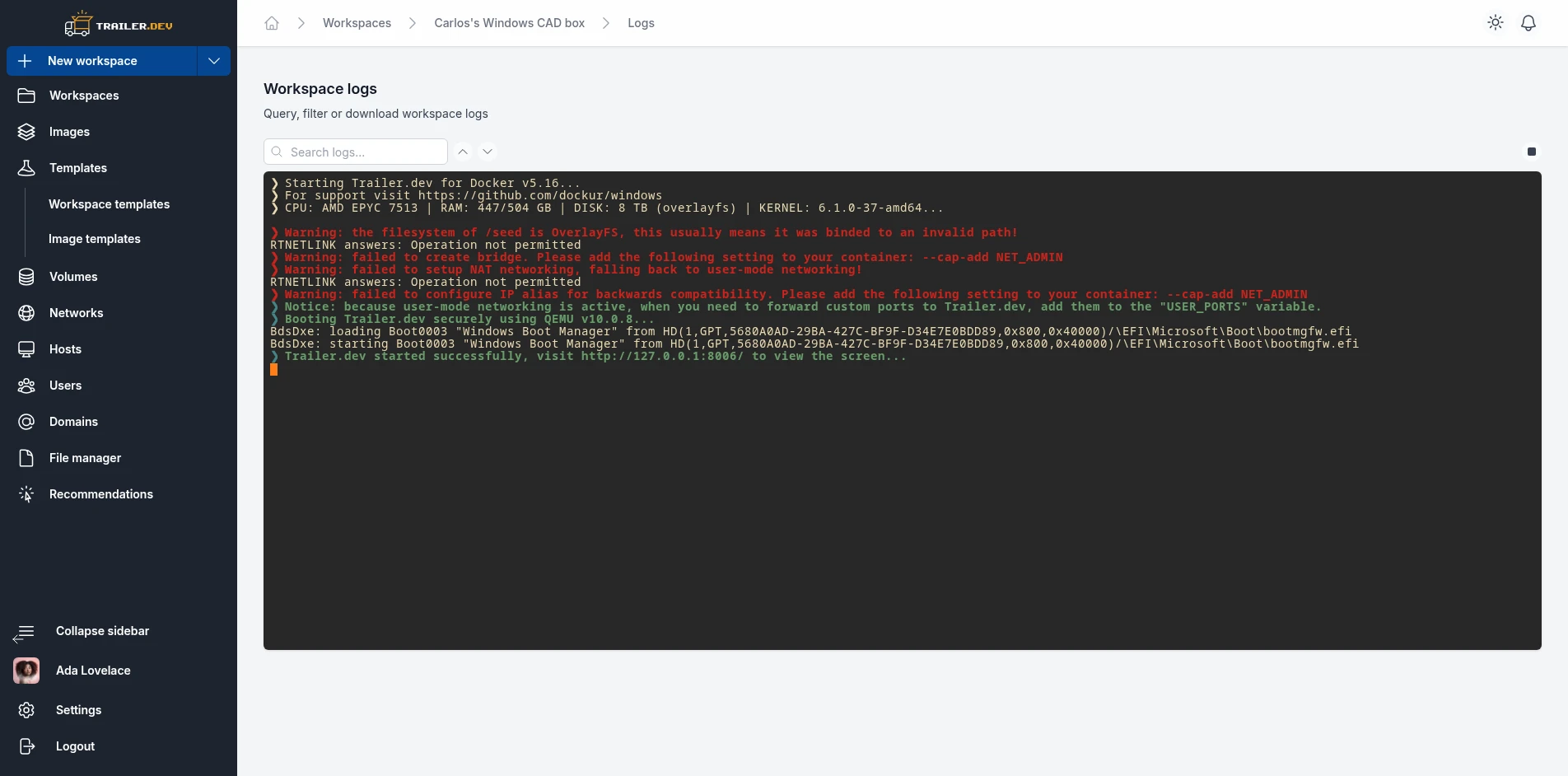 Workspace Logs terminal