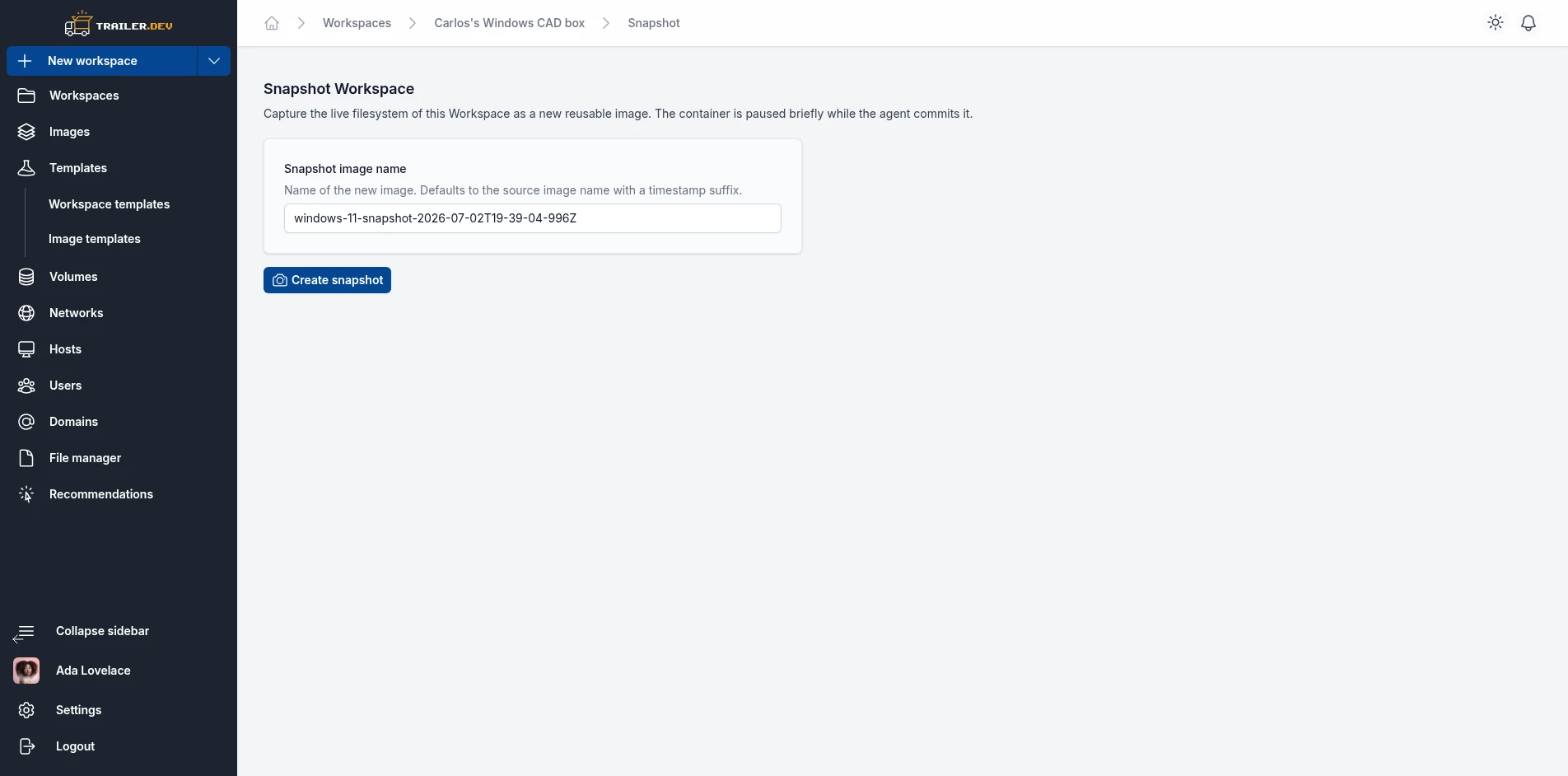 Snapshot Workspace page