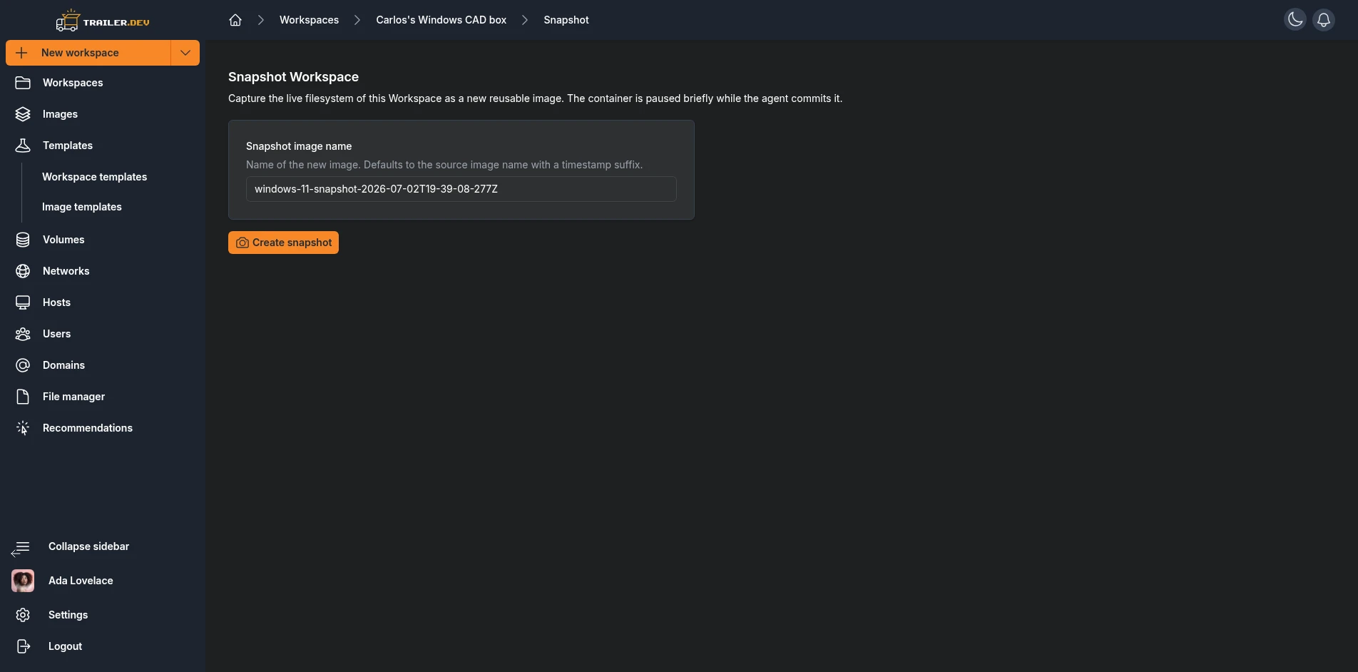 Snapshot Workspace page