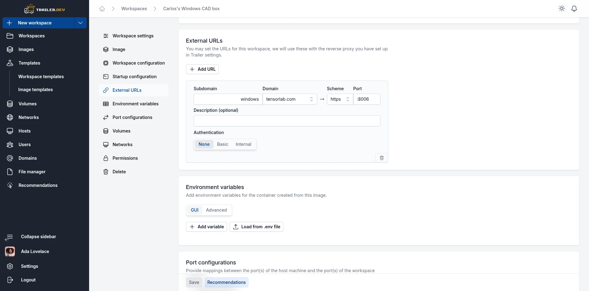 Workspace URLs section